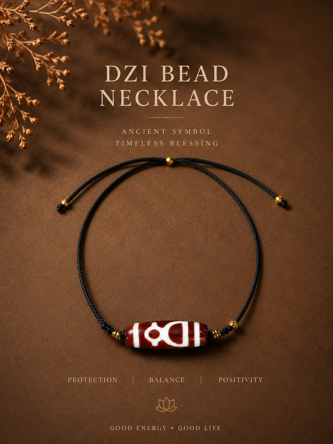 Dzi bead necklace on a dark cord